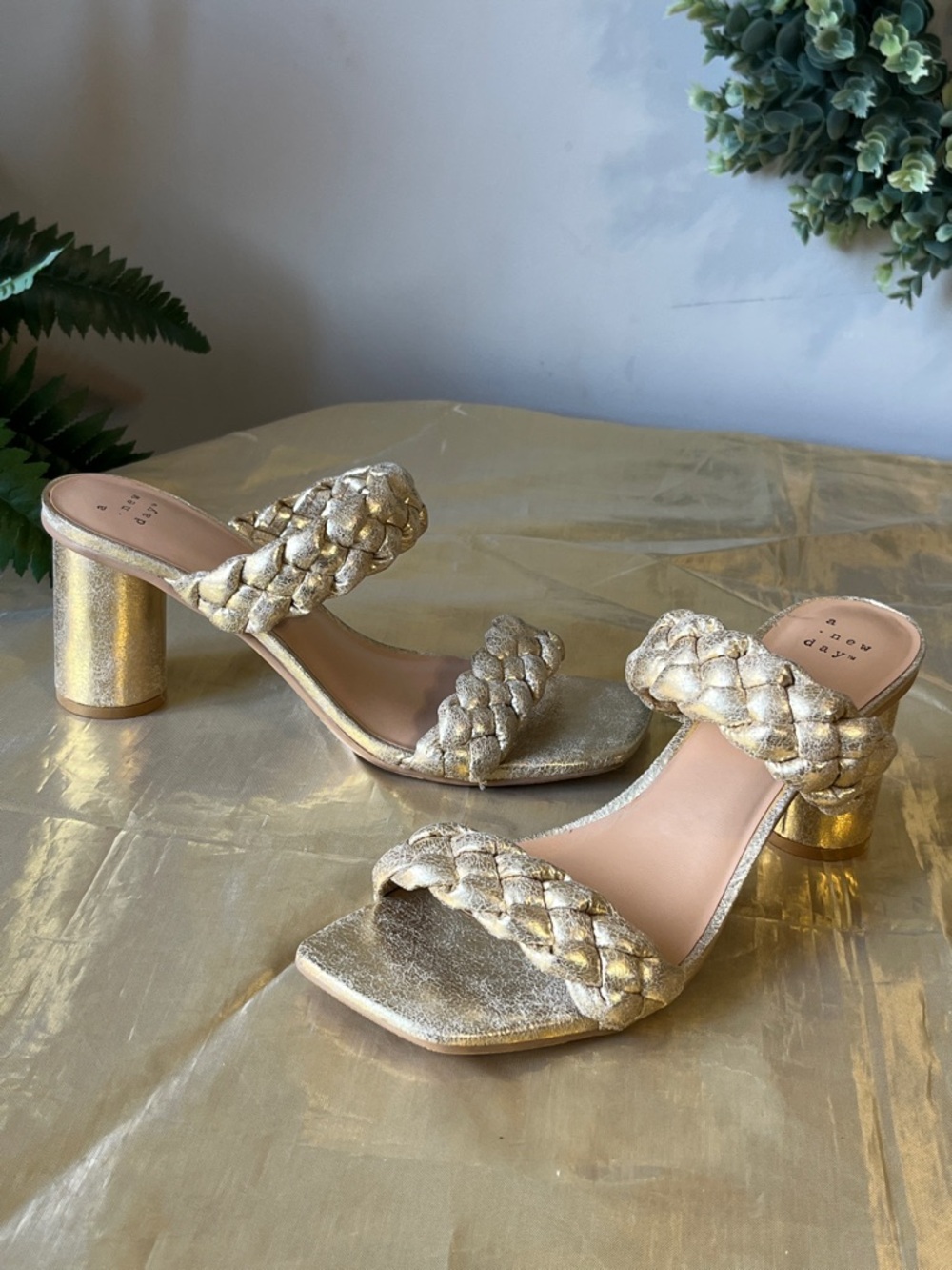 Metallic Gold Braided Straps Block Heel Sandals a new day